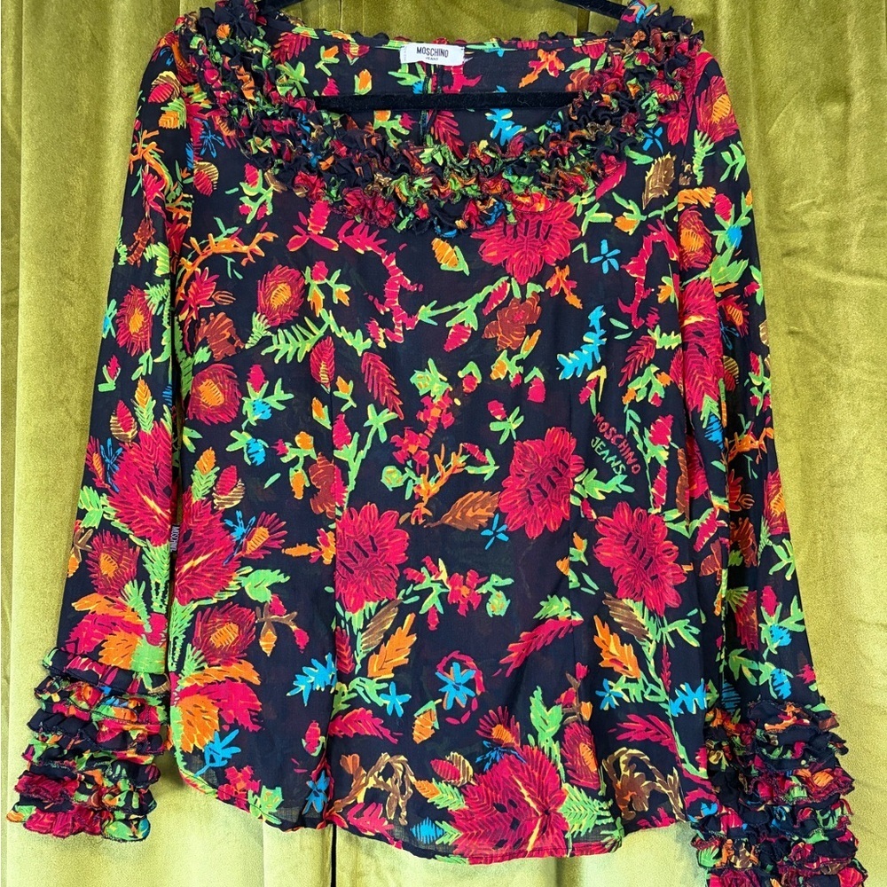 Vintage RARE Moschino Jeans Floral Logo Print Long sleeve Ruffle Blouse Small
